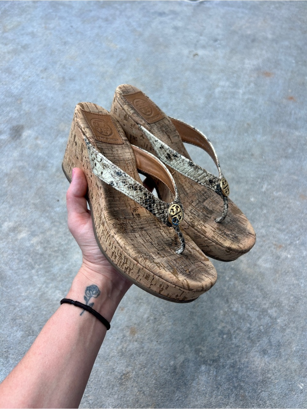 Tory Burch cork wedge sandals with snake print straps size 6